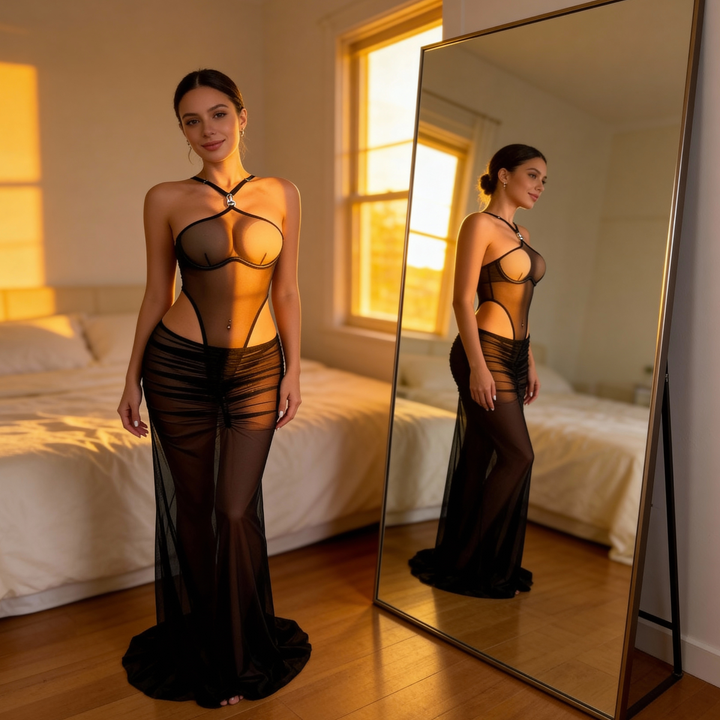 Velora – Transparent body z siateczki i set kjol maxi
