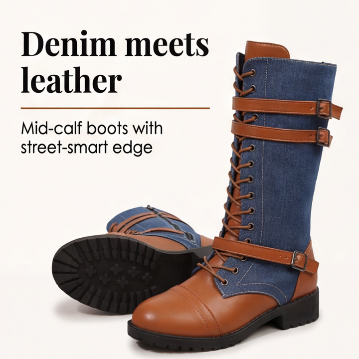 Denara - Läder i denim skor rid till mitten av vaden