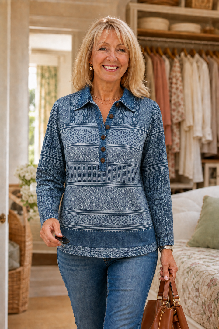 Layerlyn – Blus dzianinowa z denimu w patchworkowym wzorze