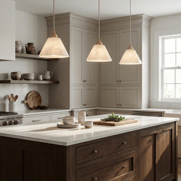 Konisk Alabaster Messingspendellampa