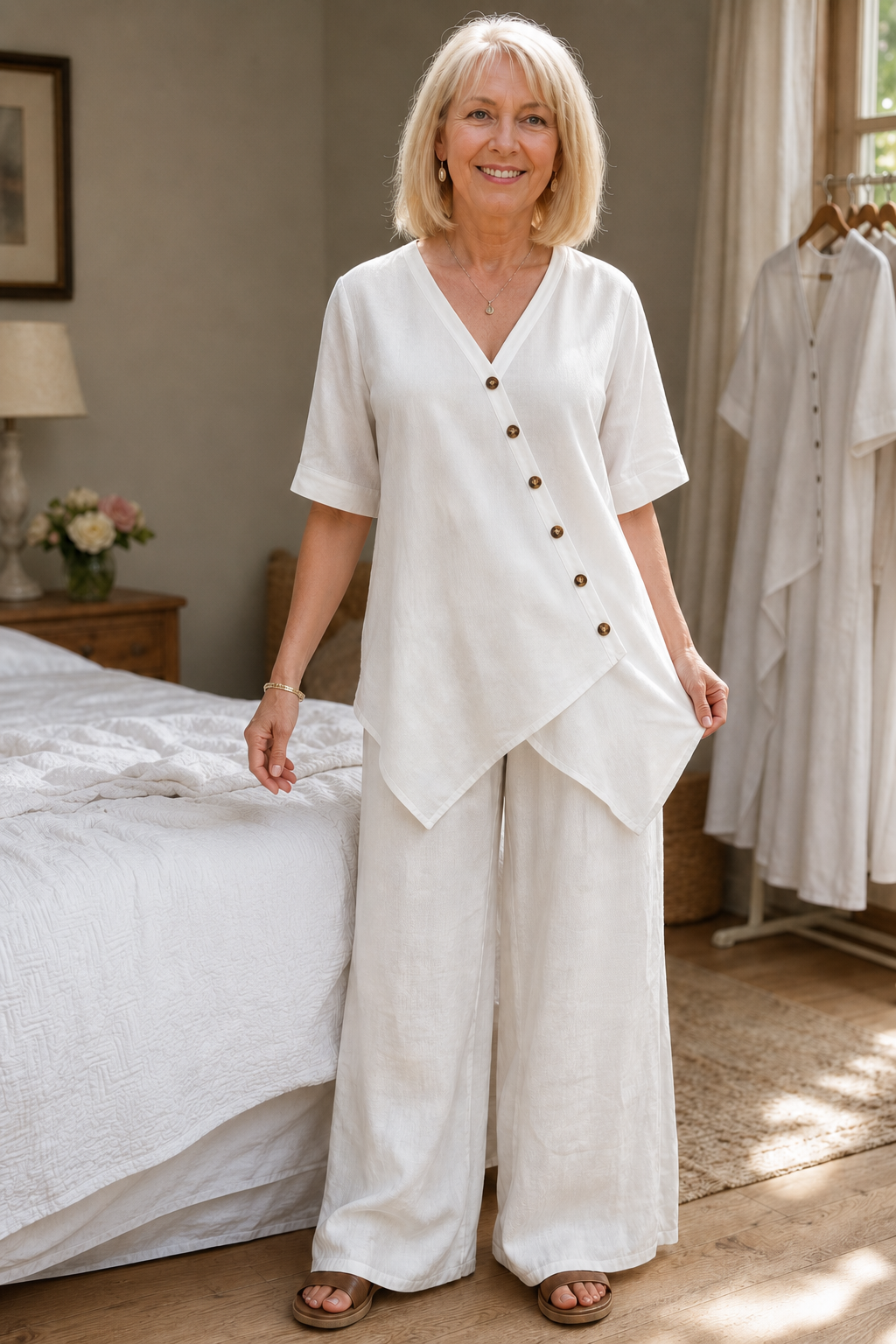 Wearbella – Set z Lnianą Bluzką i Spodniami o Szerokich Nogawkach