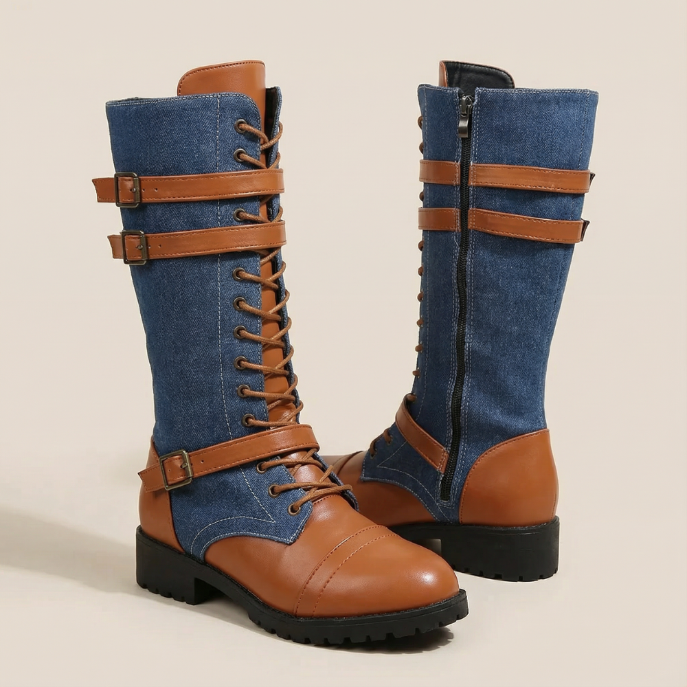 Denara - Läder i denim skor rid till mitten av vaden