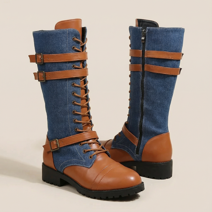 Denara - Läder i denim skor rid till mitten av vaden