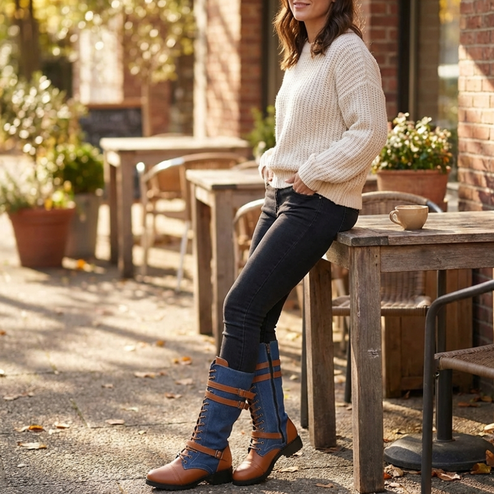 Denara - Läder i denim skor rid till mitten av vaden