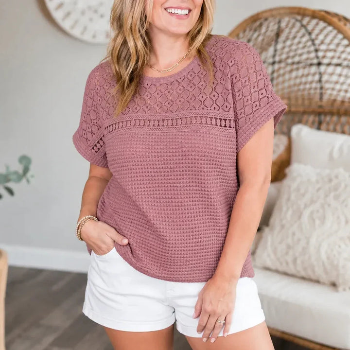 Wearbella – Kort top z otwartym splotem i krótkim ärm, blus w fakturze wafla på wiosnę i lato för kvinnor