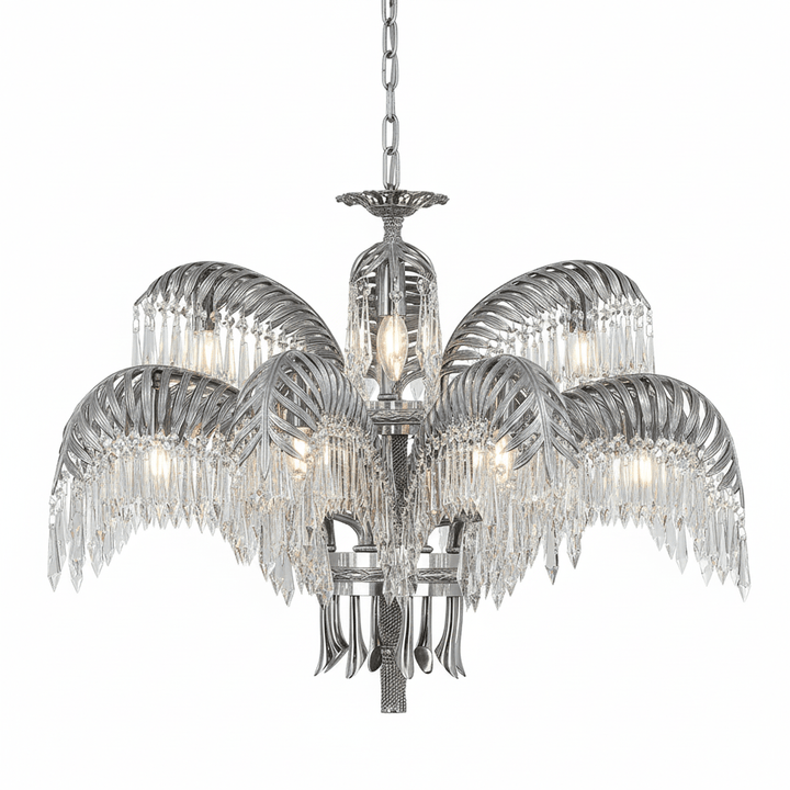 Brass Palm Leaf Crystal Chandelier