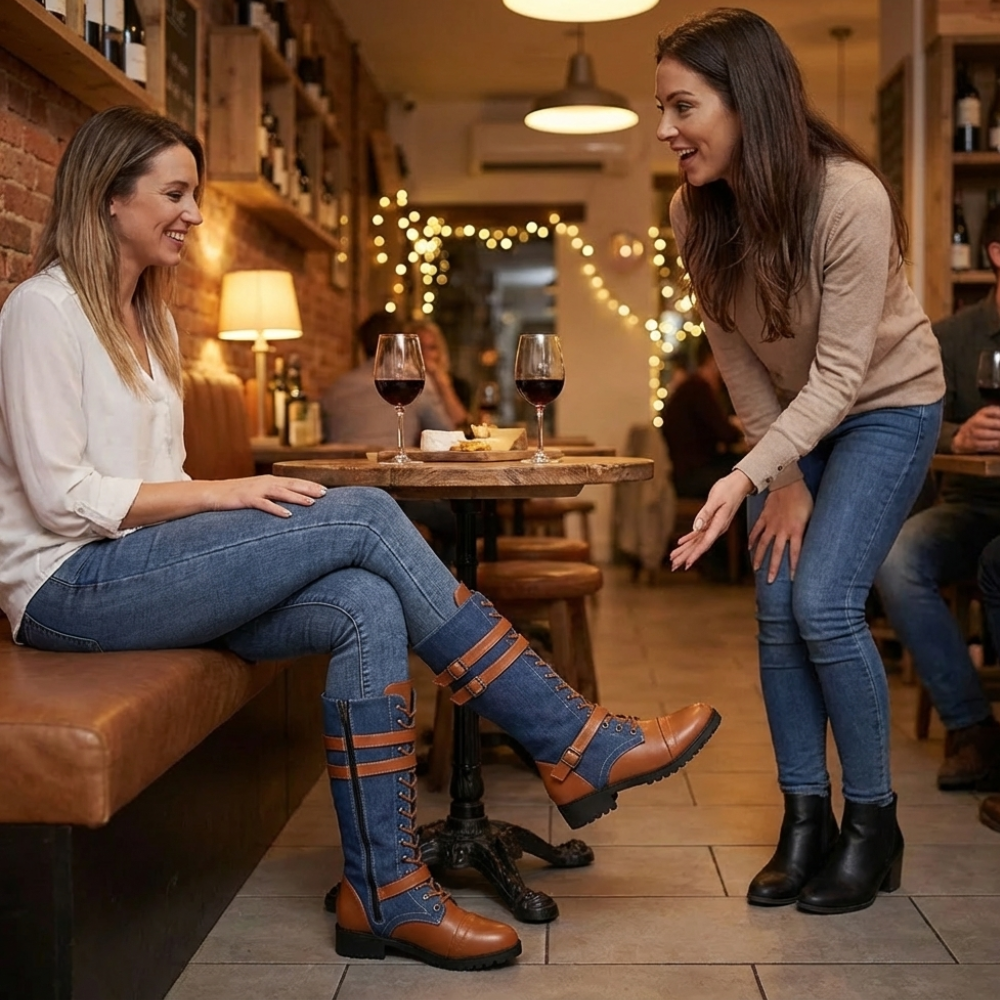 Denara - Läder i denim skor rid till mitten av vaden