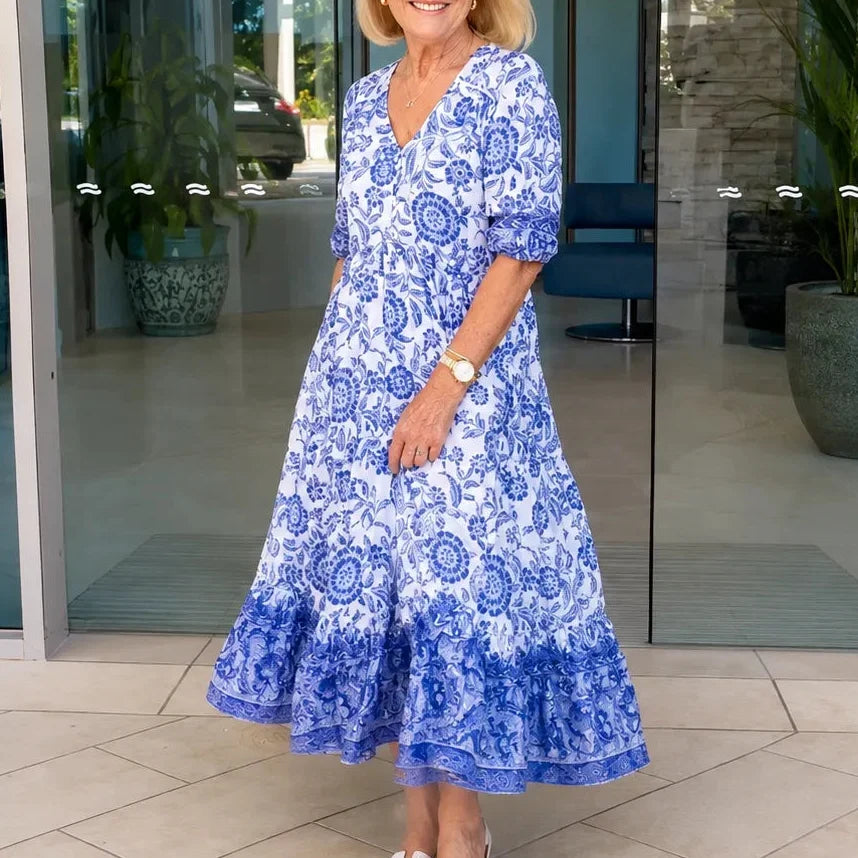 Florenza – Boho Klänning Midi z Urringning w V-ringning i Warstwowym Dołem