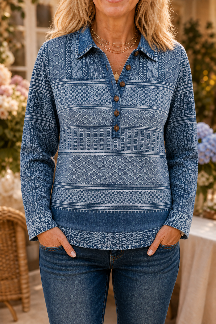Layerlyn – Blus dzianinowa z denimu w patchworkowym wzorze