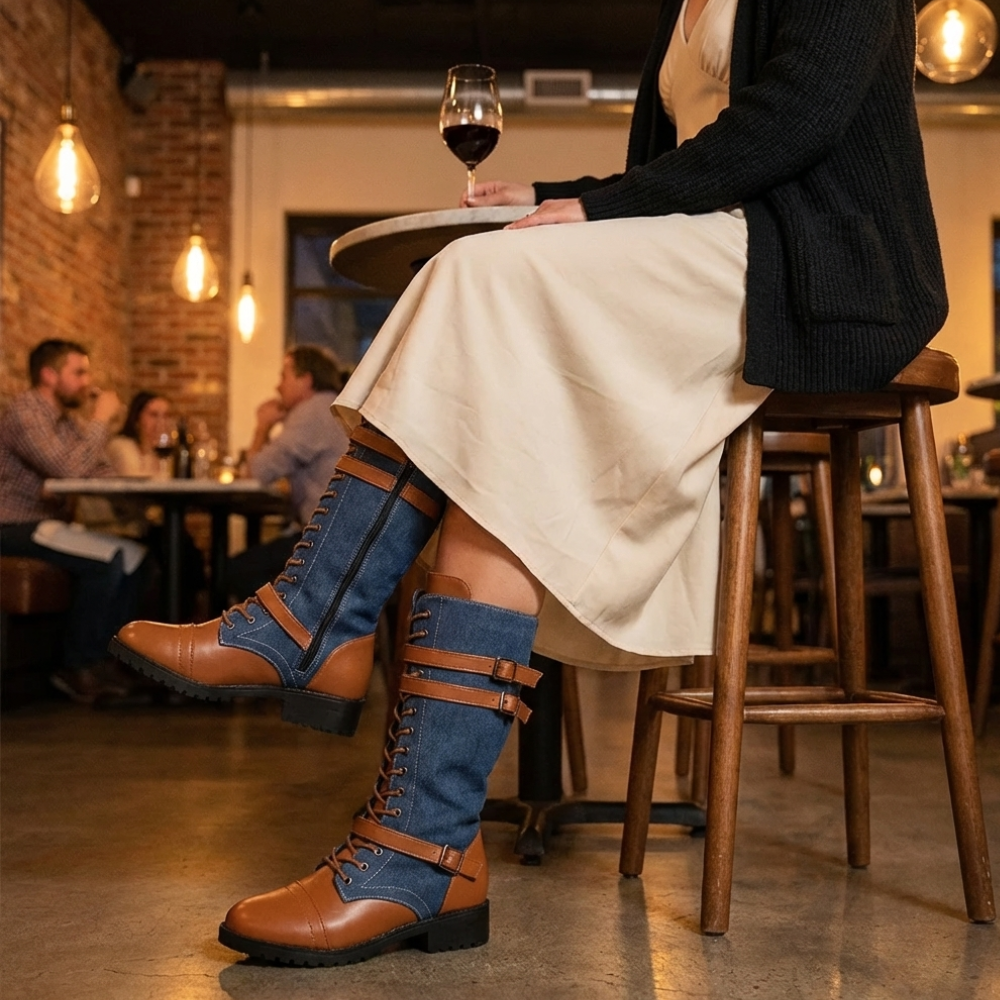 Denara - Läder i denim skor rid till mitten av vaden