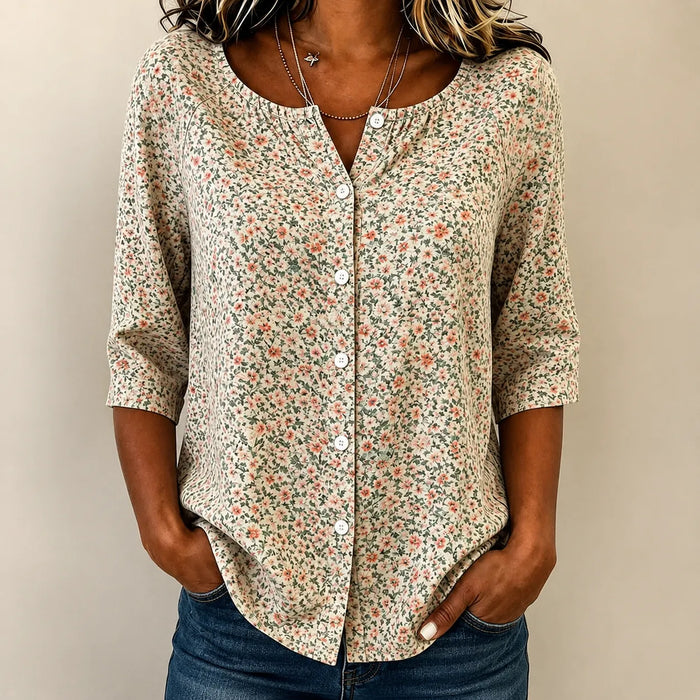 Florenne – Blus w Blommig Mönster z Knappar i RęKaffemi 3/4