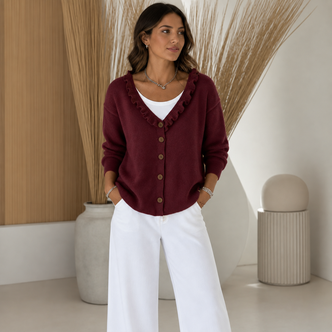 Wearbella – Kofta z falbaniastym kołnierzem z dzianiny