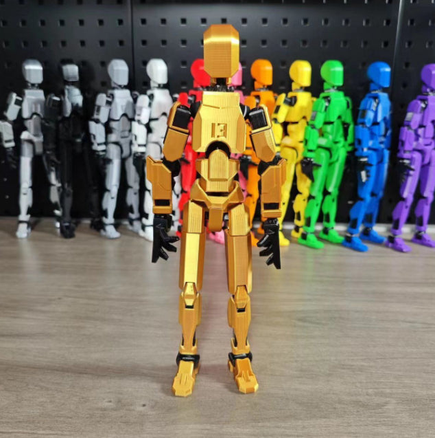 Orange 3D-printad robotfigur i pose