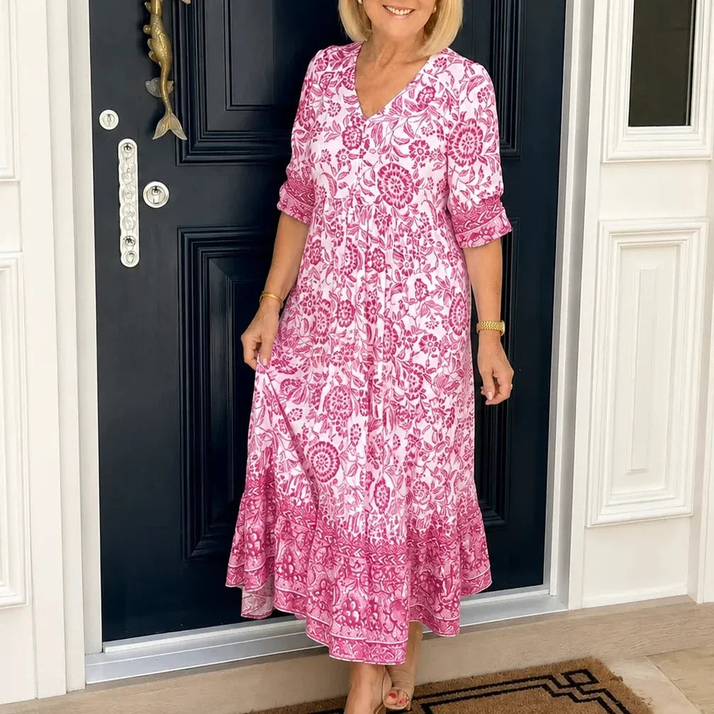 Florenza – Boho Klänning Midi z Urringning w V-ringning i Warstwowym Dołem