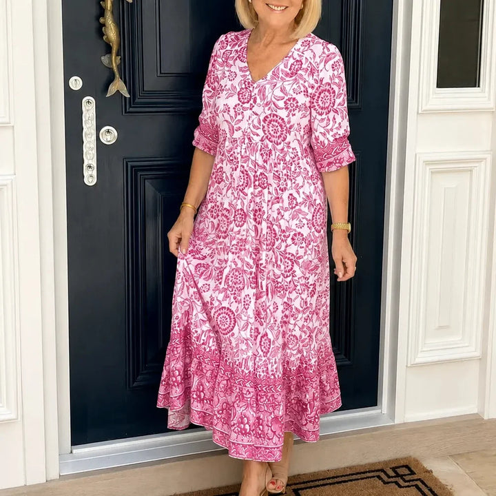 Florenza – Boho Klänning Midi z Urringning w V-ringning i Warstwowym Dołem