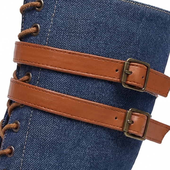 Denara - Läder i denim skor rid till mitten av vaden