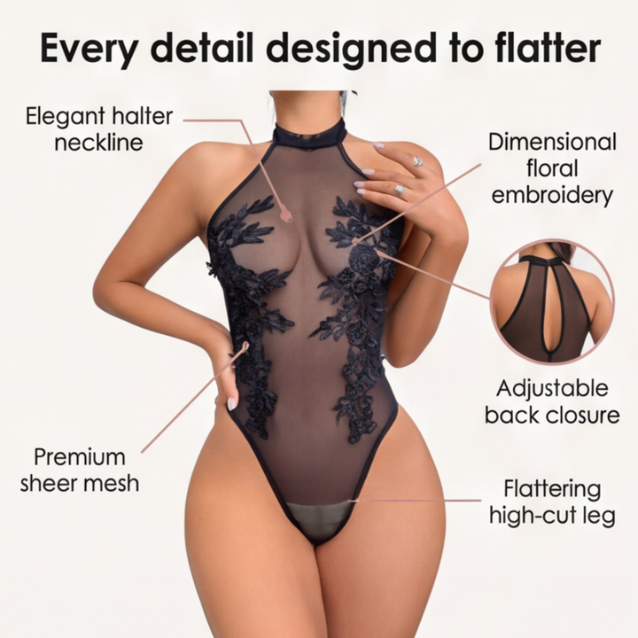 Floressa – Transparent body z broderi kwiatowym på halter