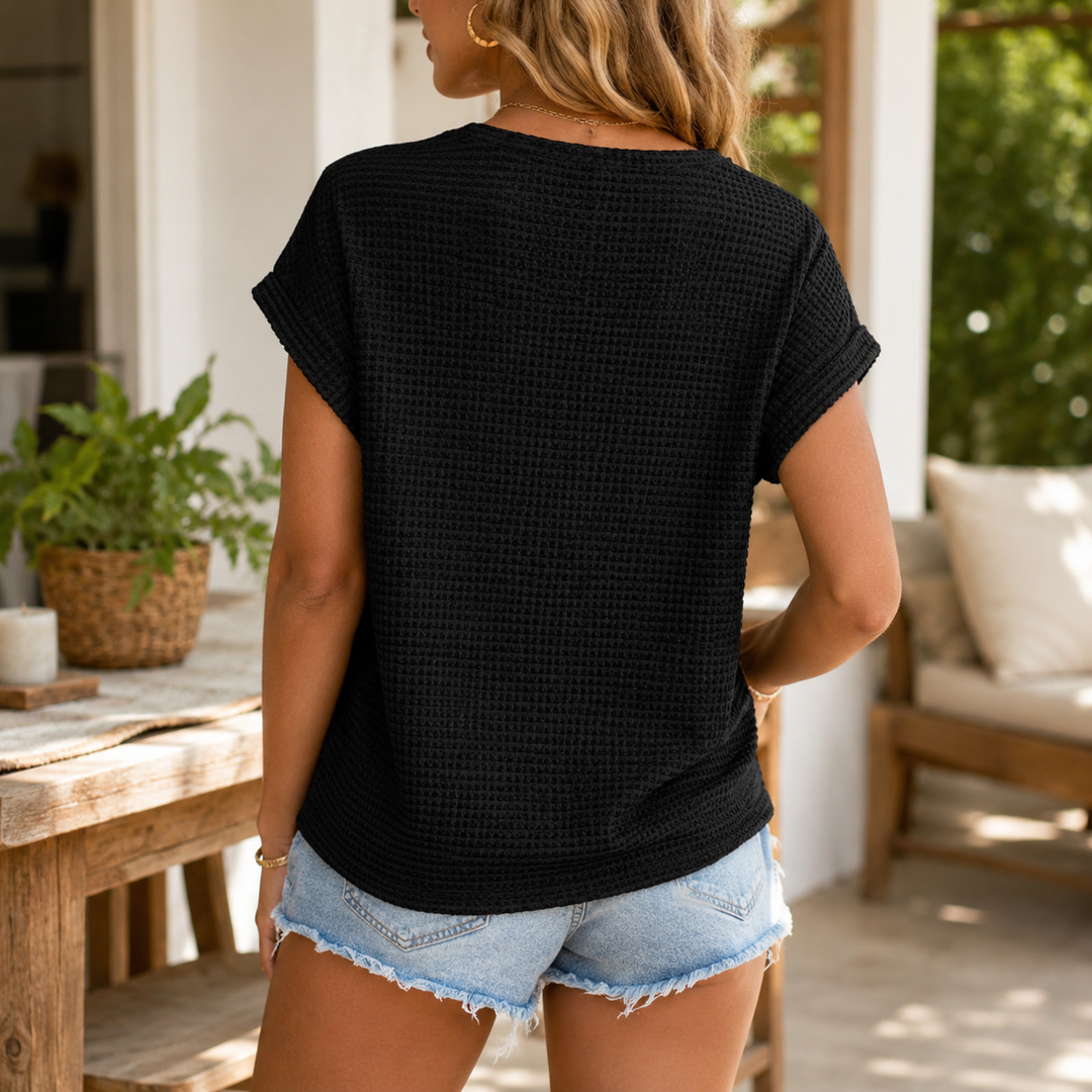 Wearbella – Kort top z otwartym splotem i krótkim ärm, blus w fakturze wafla på wiosnę i lato för kvinnor