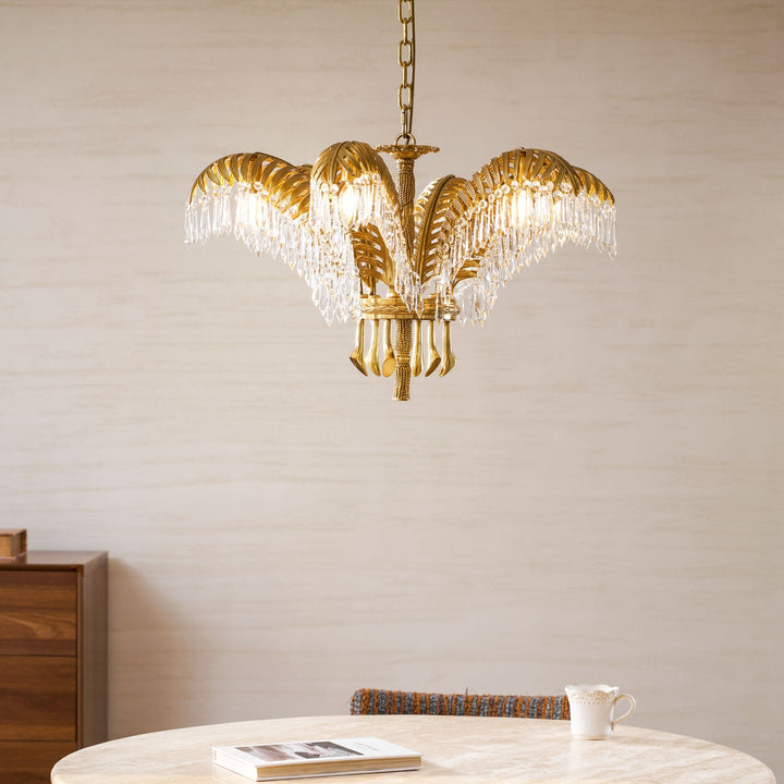 Brass Palm Leaf Crystal Chandelier
