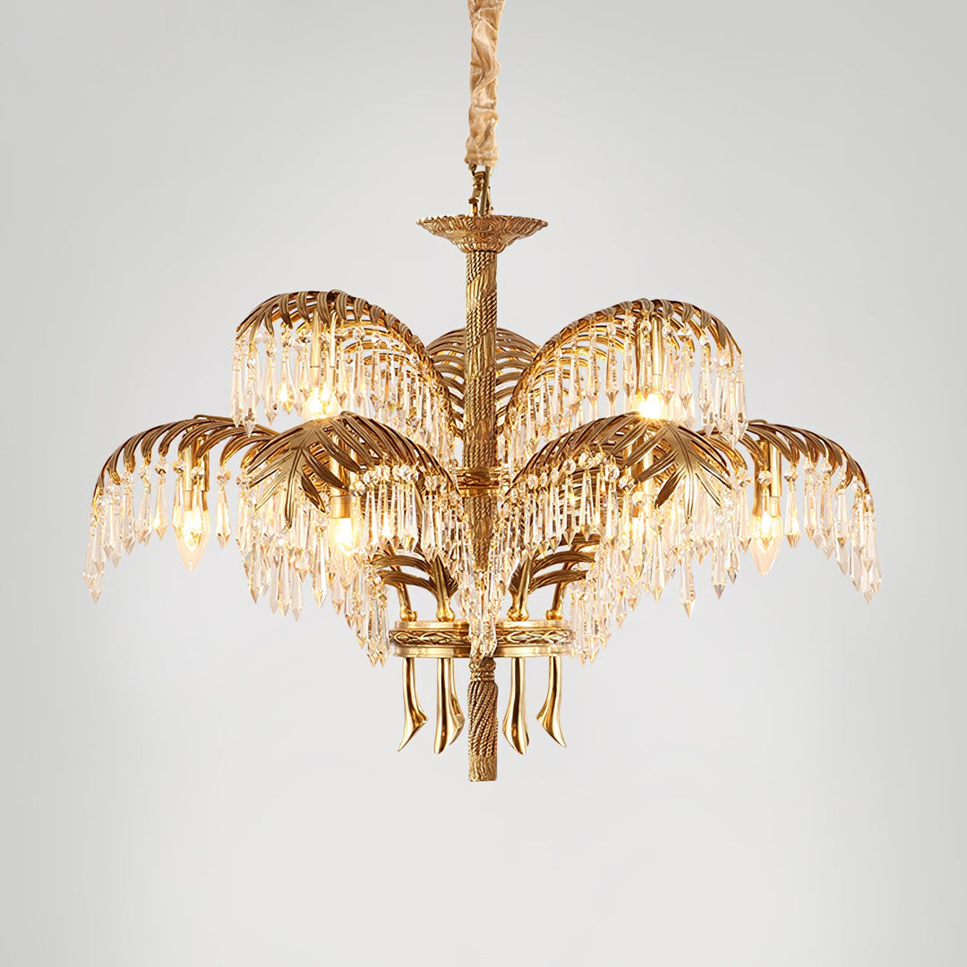 Brass Palm Leaf Crystal Chandelier