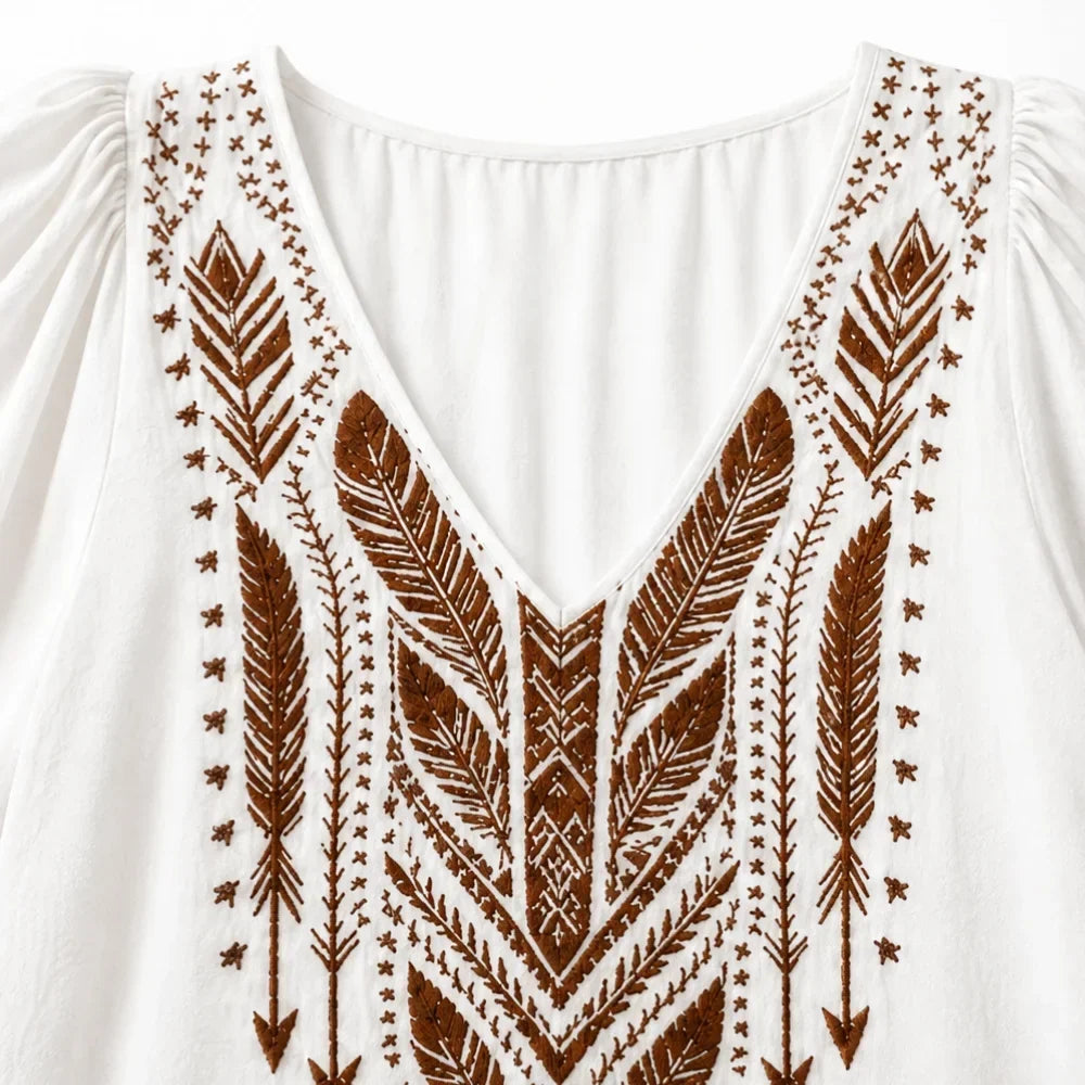 Soluna – Blus Boho, Urringning w V-ringning, Balonowe Ärmar