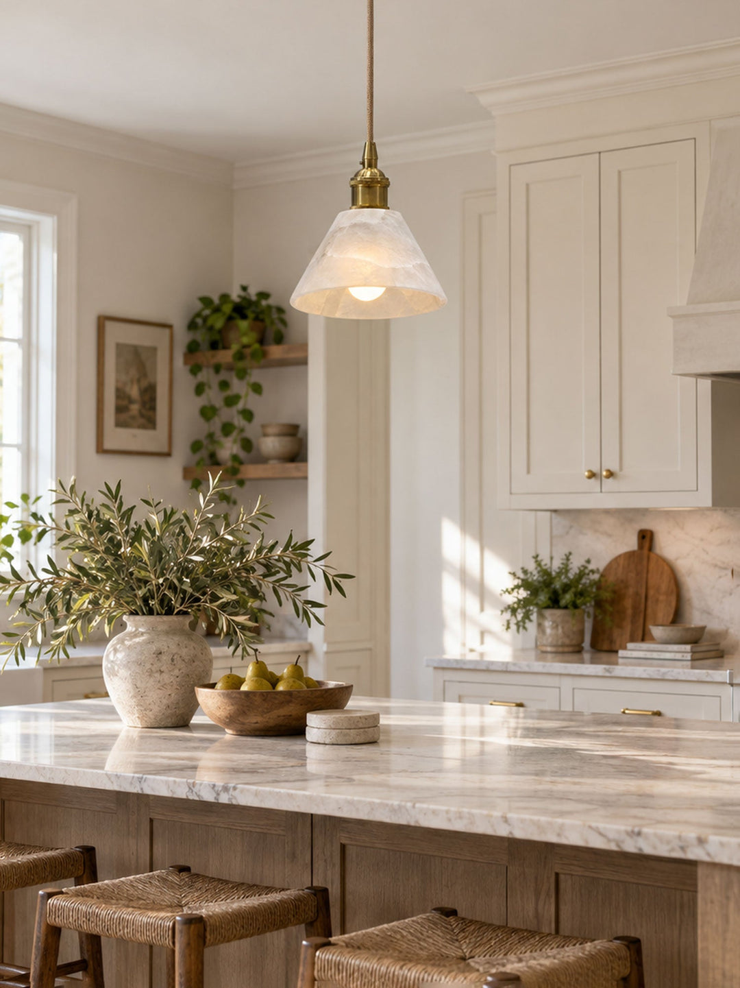 Konisk Alabaster Messingspendellampa