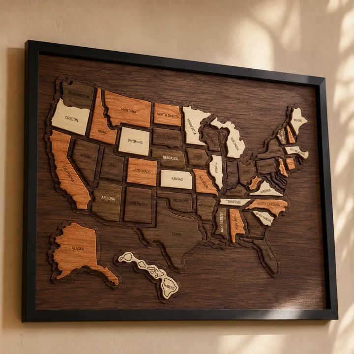 Wanderoak – Trä mapa resa USA z 3D Kaffełkami stanów