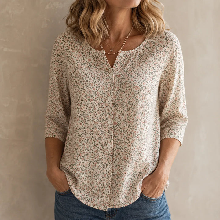 Florenne – Blus w Blommig Mönster z Knappar i RęKaffemi 3/4