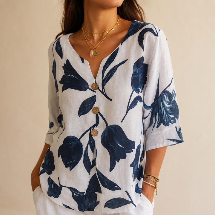 Florelle – Blommig lniana blus popover z urringning w v-ringning i ręKaffemi 3/4