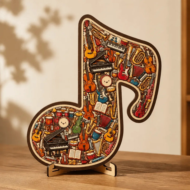Melora – Puzzle i form av nuty muzycznej z drewnianym wyglądem, w setie z podstawą för wyświetlania