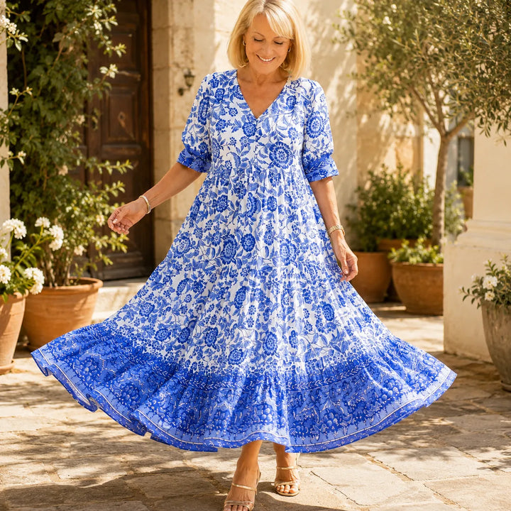 Florenza – Boho Klänning Midi z Urringning w V-ringning i Warstwowym Dołem