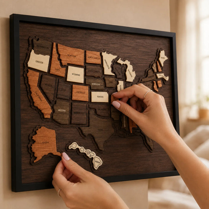 Wanderoak – Trä mapa resa USA z 3D Kaffełkami stanów