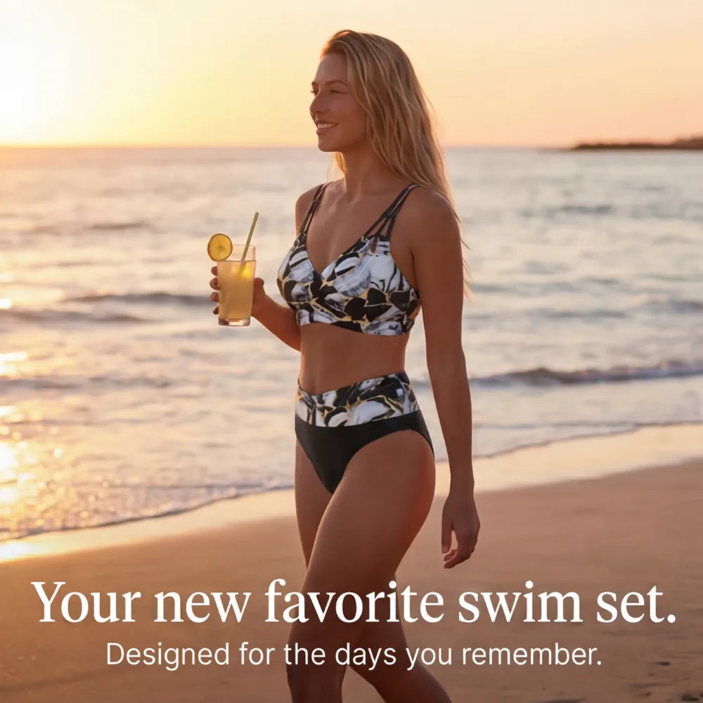 Marella – Bikini w hög stanie z nadrukiem marmuru i topem z urringning w v-ringning