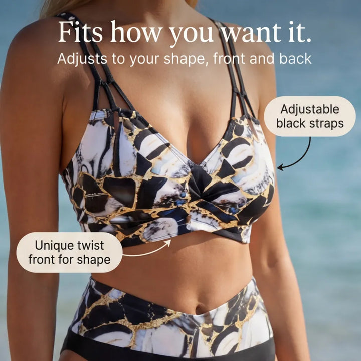 Marella – Bikini w hög stanie z nadrukiem marmuru i topem z urringning w v-ringning