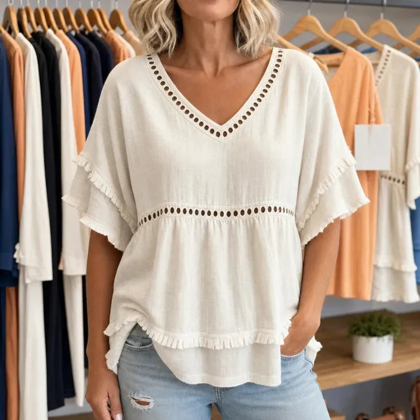 Solavie – Boho Tunika z Urringning w V-ringning i Frędzlami för kvinnor
