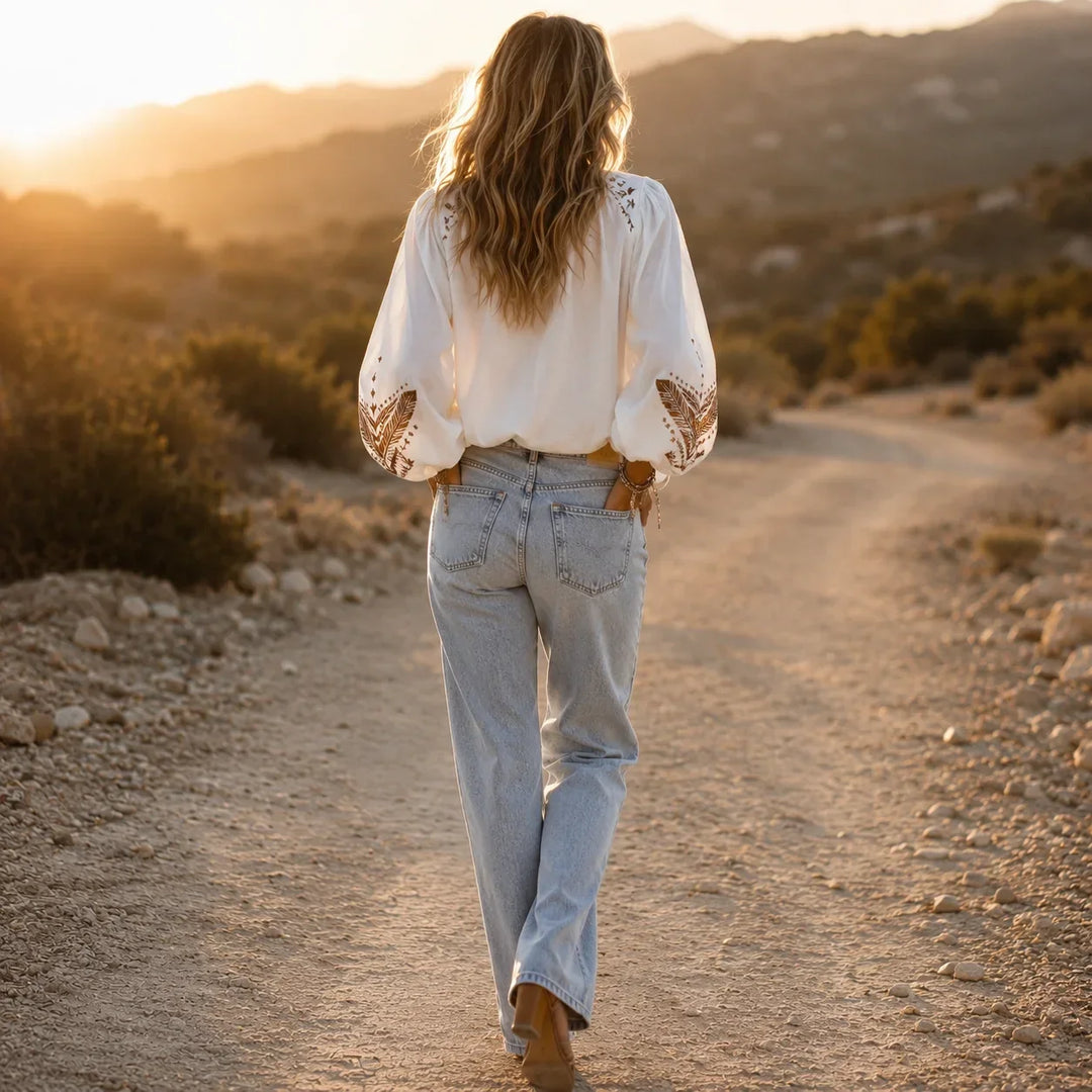 Soluna – Blus Boho, Urringning w V-ringning, Balonowe Ärmar