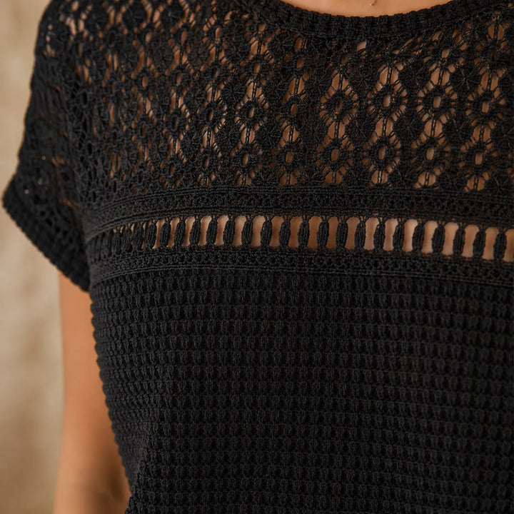 Wearbella – Kort top z otwartym splotem i krótkim ärm, blus w fakturze wafla på wiosnę i lato för kvinnor