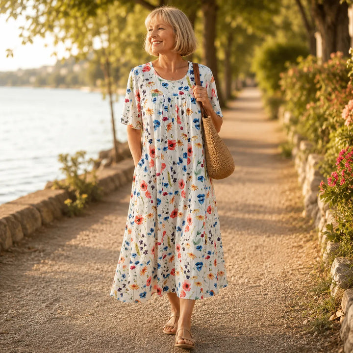 Fiorella – Midi klänning w blommig mönster z kieszeniami, przypominająca bawełnę