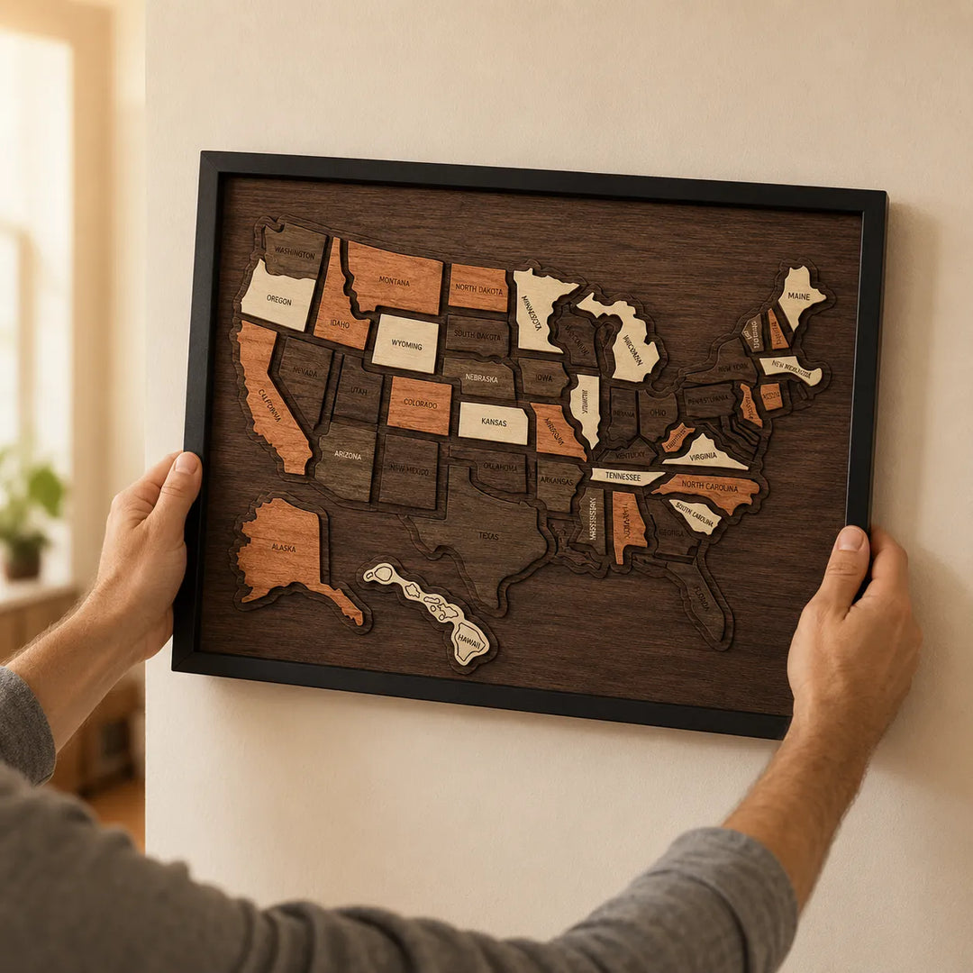 Wanderoak – Trä mapa resa USA z 3D Kaffełkami stanów