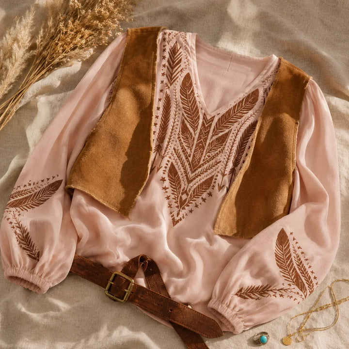 Soluna – Blus Boho, Urringning w V-ringning, Balonowe Ärmar