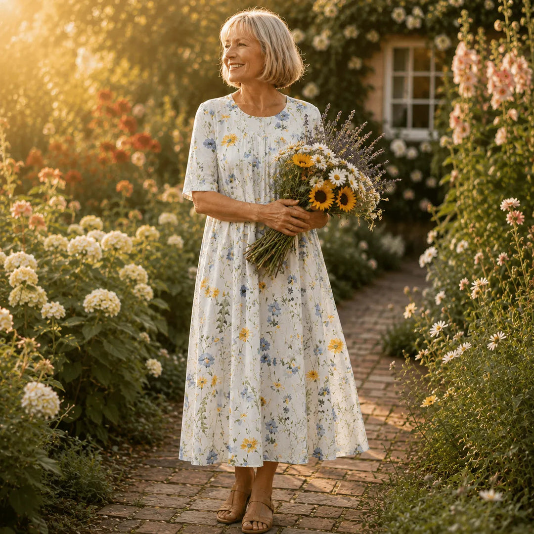 Fiorella – Midi klänning w blommig mönster z kieszeniami, przypominająca bawełnę