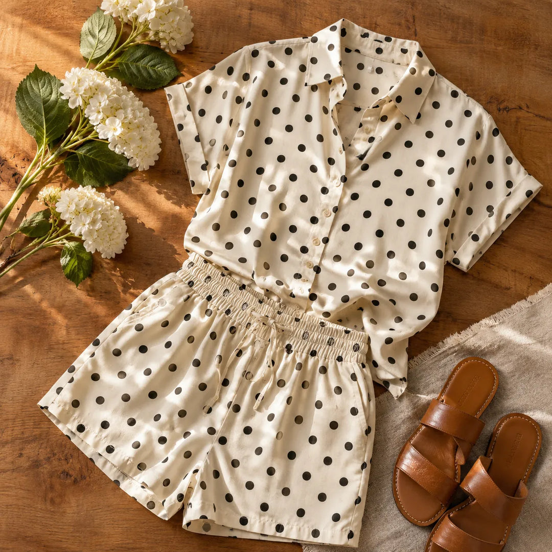 Soléa – Blus w Kropki i Shorts, Mjuk Drape, Sommar Set Dwuczęściowy
