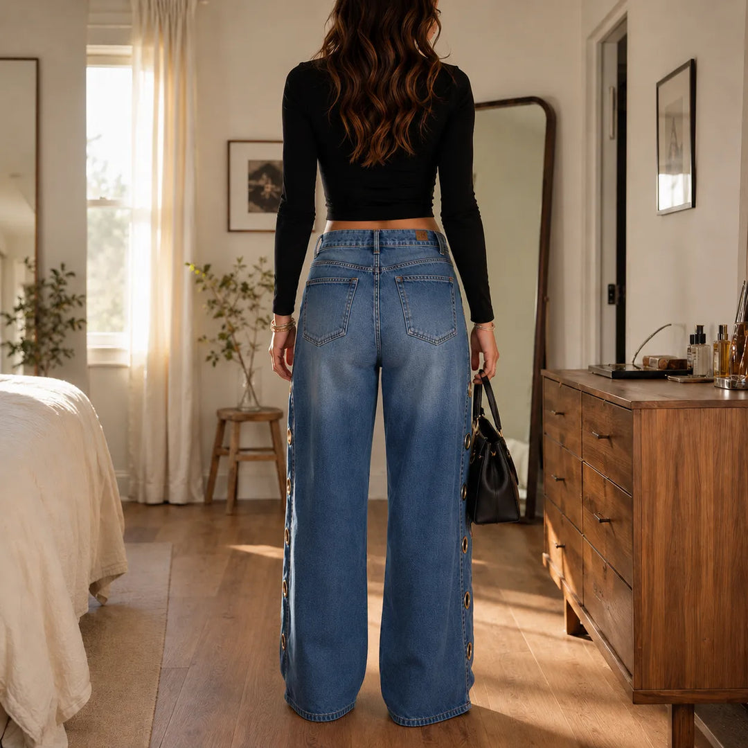 Velmora – Jeans z vida ben z mosiężnymi oczkami efter bokach, Hög stan