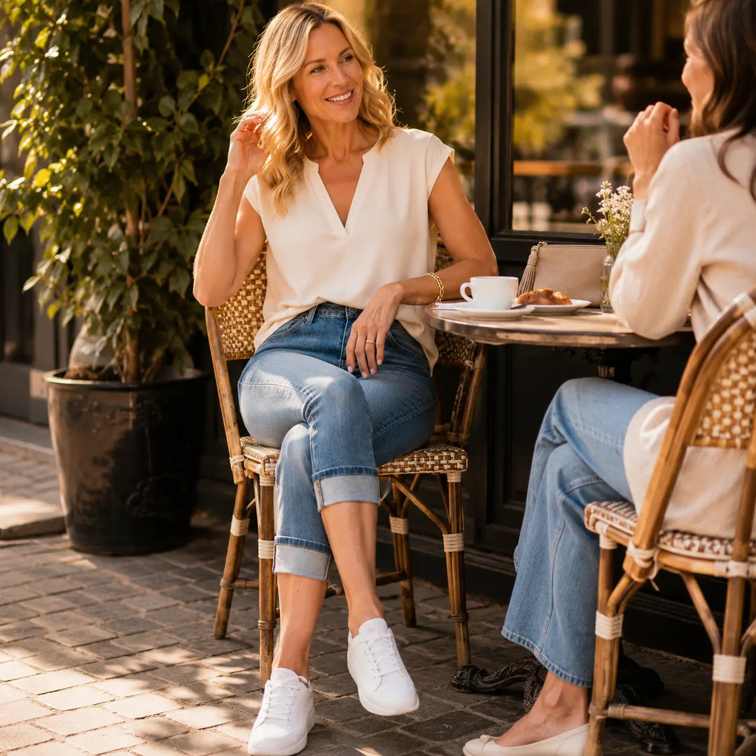 Cuffova – Dam jeansy capri med hög midja i mankietami