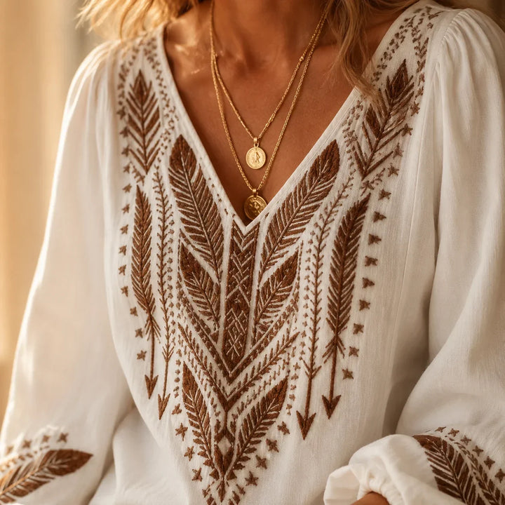 Soluna – Blus Boho, Urringning w V-ringning, Balonowe Ärmar