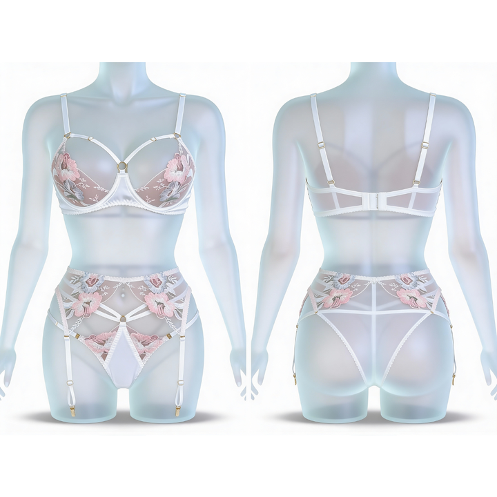 Florelle – Set bielizny z broderi kwiatowym w 3 częściach
