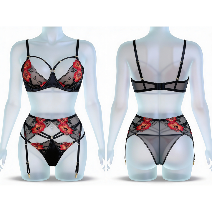 Florelle – Set bielizny z broderi kwiatowym w 3 częściach
