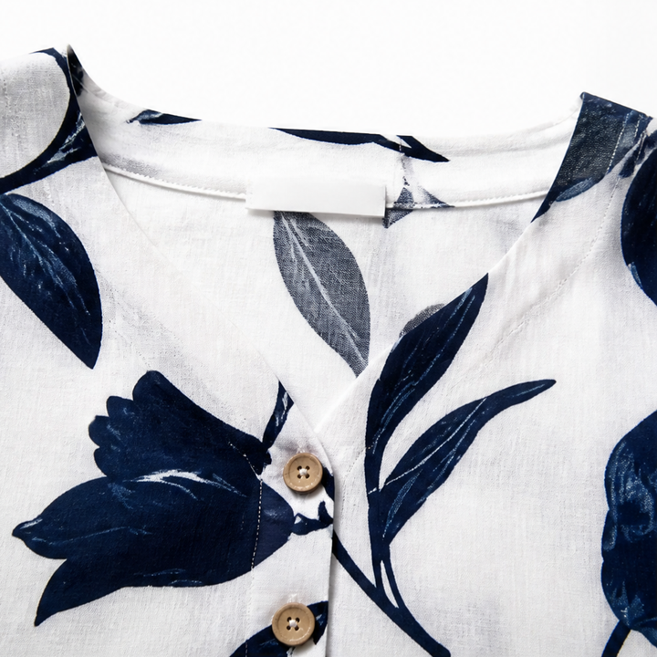 Florelle – Blommig lniana blus popover z urringning w v-ringning i ręKaffemi 3/4
