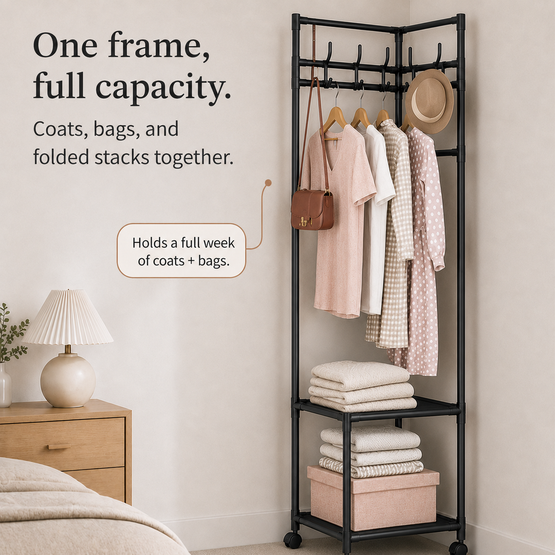 Nookstand – Ställ på ubrania oszczędzający plats z półką i hakami