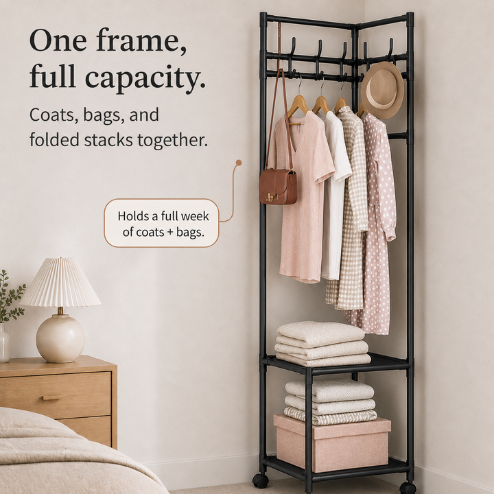 Nookstand – Ställ på ubrania oszczędzający plats z półką i hakami